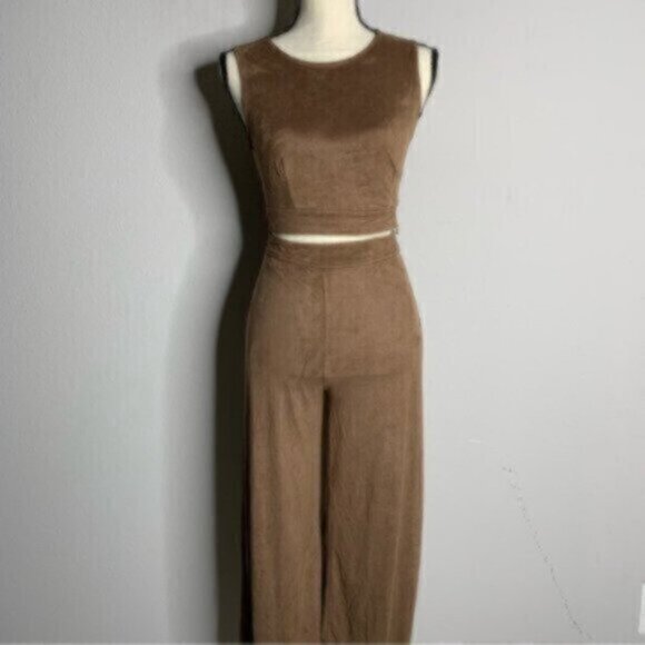 Vintage Mocha Suede Two Piece Pants Set - Crop Top - Picture 4 of 6